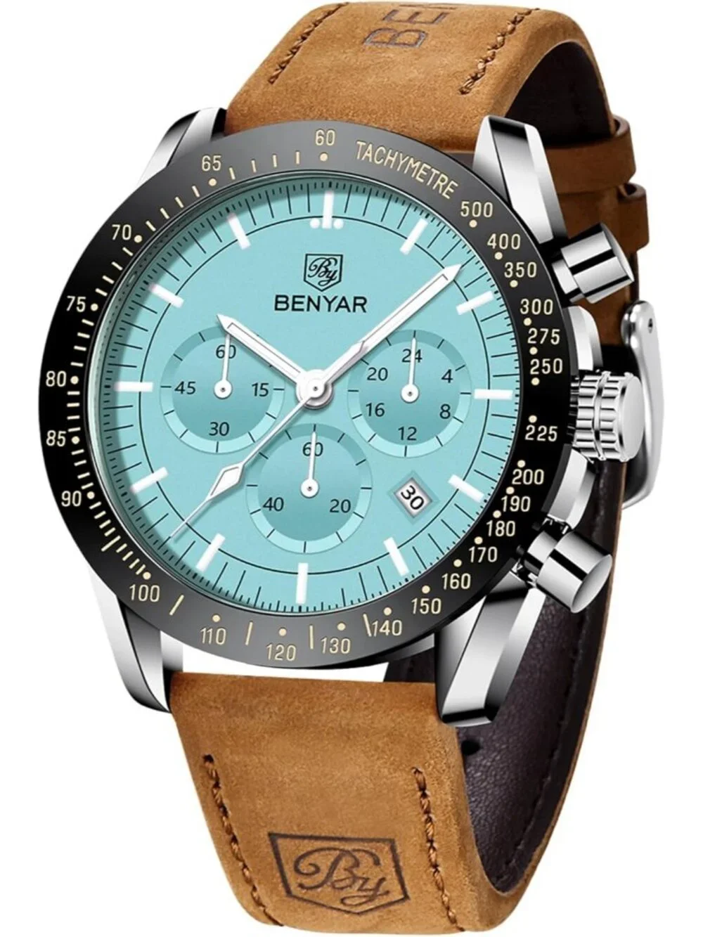 Men's Light Blue Analog Brown Silicone Strap Chronograph Luminous Casual Watch